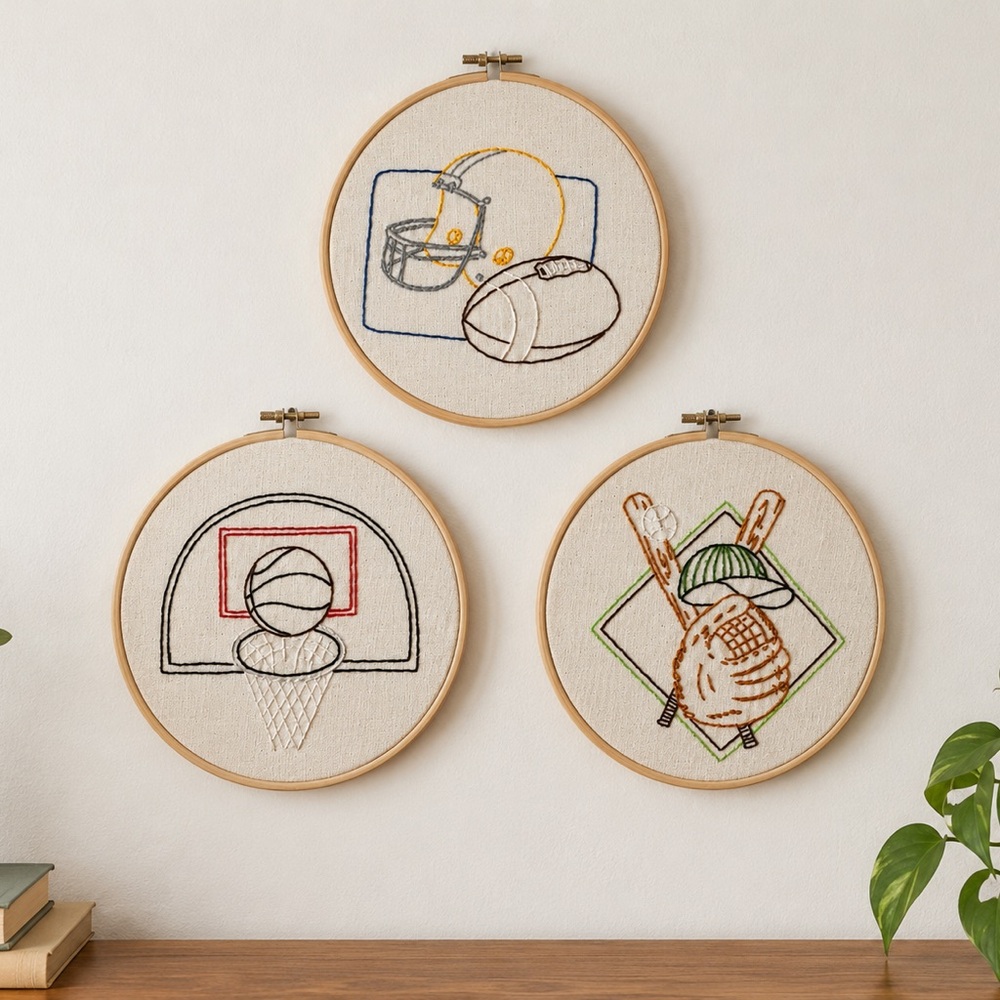Handmade Sports Embroidery 8” Hoop Wall Art Upcycled Vintage Linen Set 3
